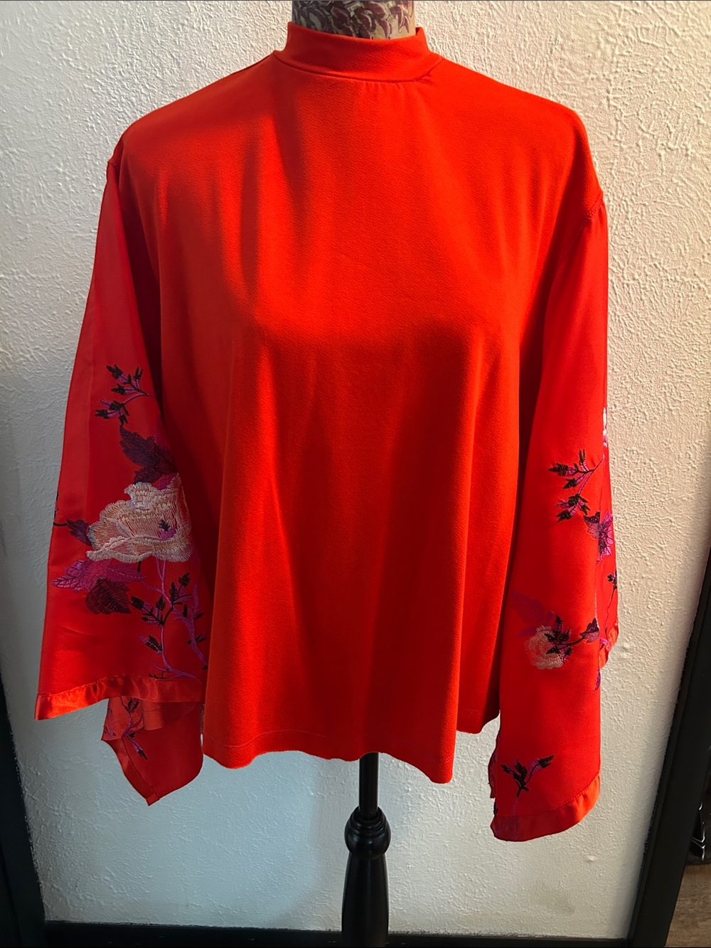 Free People Orange-Red Embroidered Sleeve Tunic